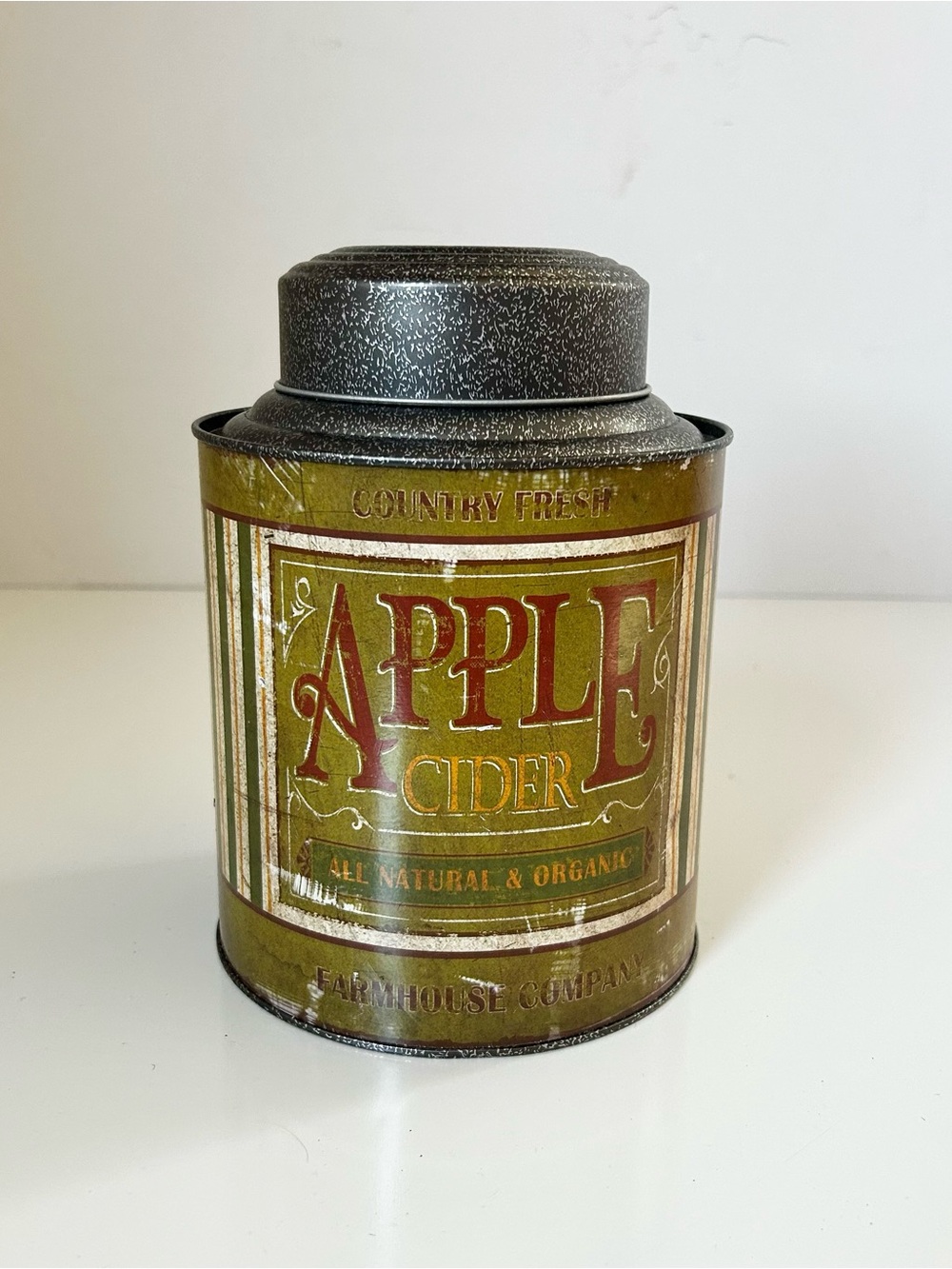 Hobby Lobby Olive Green and Red Apple Cider Tin Canister